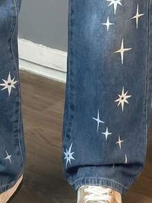Jeans de cintura alta y pierna recta para mujer, sin estiramiento, de tela estampada, cómodos y versátiles para uso casual diario - Azul lavado medio - Ver 5