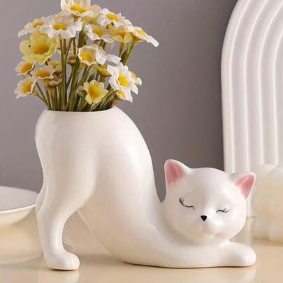 10个独特的无尾猫形多肉植物花盆，可爱小猫造型多肉植物盆，动物主题家居装饰花架，新颖陶瓷花盆，理想礼物，优雅的办公桌和家居装饰品