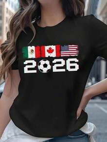 Playera Negra de Mujer de México Canadá USA 2026 con Banderas y Balón, Camiseta Aesthetic de Sedes del Mundial Manga Corta, Top Moderno de Fanático Unidos 2026, Blusa Casual de Moda Deportiva - Negro - Ver 7