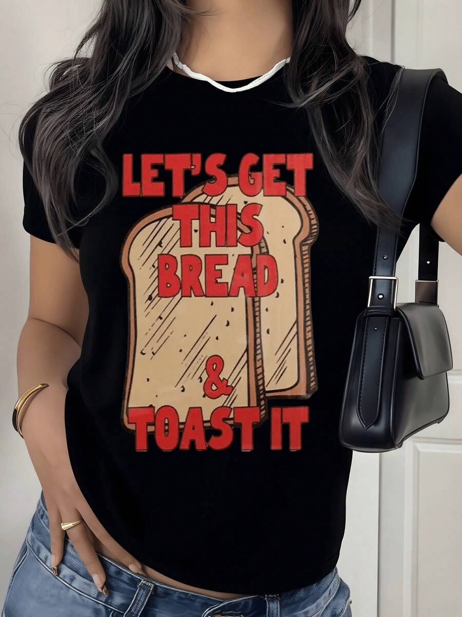 Toasted Bread With A Fun Message That Motivates You To Start The Day With Energy And A Positive Attitude, Ideal For Active Women Looking For A Comfortable And Modern Casual Women's T-Shirt For Everyday Wear. - 黑色 - 查看 1
