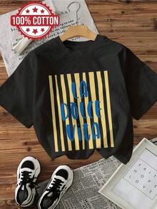 Camiseta de algodón puro de manga corta con cuello redondo, estilo casual, con estampado de rayas y la frase "LA Dolce Vita", para mujer, ideal para el verano y vacaciones. - Negro - Ver 1
