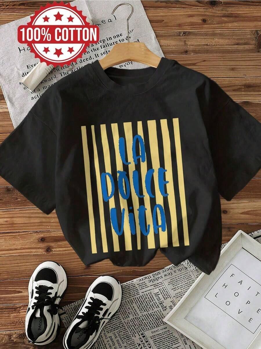 Camiseta de algodón puro de manga corta con cuello redondo, estilo casual, con estampado de rayas y la frase "LA Dolce Vita", para mujer, ideal para el verano y vacaciones. - Negro - Ver 1