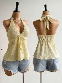 Conjunto de Playa Casual sin Espalda para Mujer, Estilo Bohemio, para Vacaciones, Festival de Música Hawaiana, Vacaciones Tropicales, Top Halter de Verano - Albaricoque - Ver 5