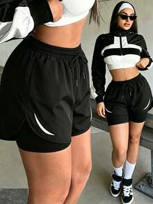 Women's Fashionable Outdoor Casual Sports Shorts, 2 In 1 Printed Design, Multiple Colors, Regular Fit, Suitable For Outdoor Activities And Daily Wear, Perfect Gift For Girlfriend - Black - View 1