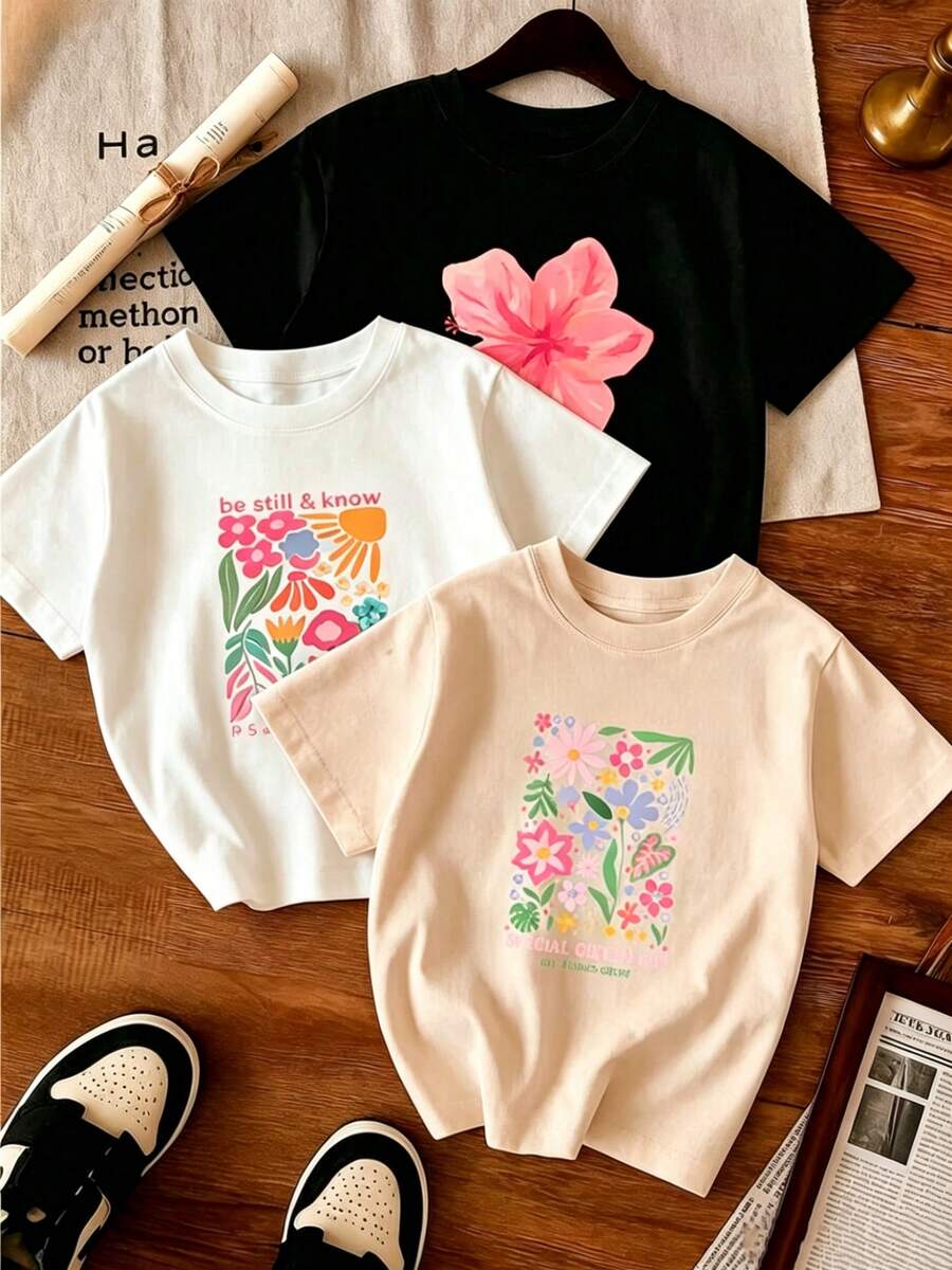 T-Shirts. Single Garment, Not A 3-Piece Set. 1 Piece/Set Of Short-Sleeved T-Shirts Suitable For Streetwear. Oversized Round Neck Top For Daily Outings, Camping, Concerts, Hip-Hop, Rock, And Rap Events. Women's Basic Round Neck And Short Sleeve T-Shirt, 100% Cotton With Colorful Floral Print. - 黑色 - 查看 1