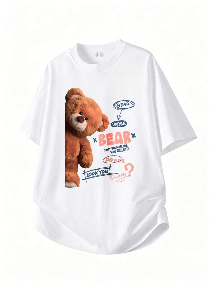 Camiseta Casual Para Mujer Con Diseño Gráfico De Oso Teddy Estilizado, Cuello Redondo, Manga Corta, Transpirable - Blanco - Ver 1