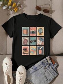 Nueva camiseta de manga corta con cuello redondo para mujeres, diseño estival, con un sencillo y moderno estampado de letras, transpirable y absorbe la sudoración.Envío exprés desde almacén local, modelo para parejas, ropa de pareja - Blanco y Negro - Ver 2