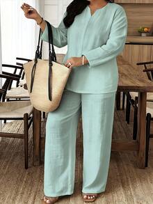 Women's Plus Size 2-Piece Pointed Collar Straight Leg Pants Set Solid Color Linen Look Pattern - Style - View 3