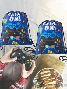 6 piezas Bolsas con cordón con patrón de videojuegos azules, suministros de embalaje de regalos, decoraciones de fiesta de cumpleaños, bolsas de almacenamiento de dulces, recuerdos de fiesta - consola de juegos azul - View 3