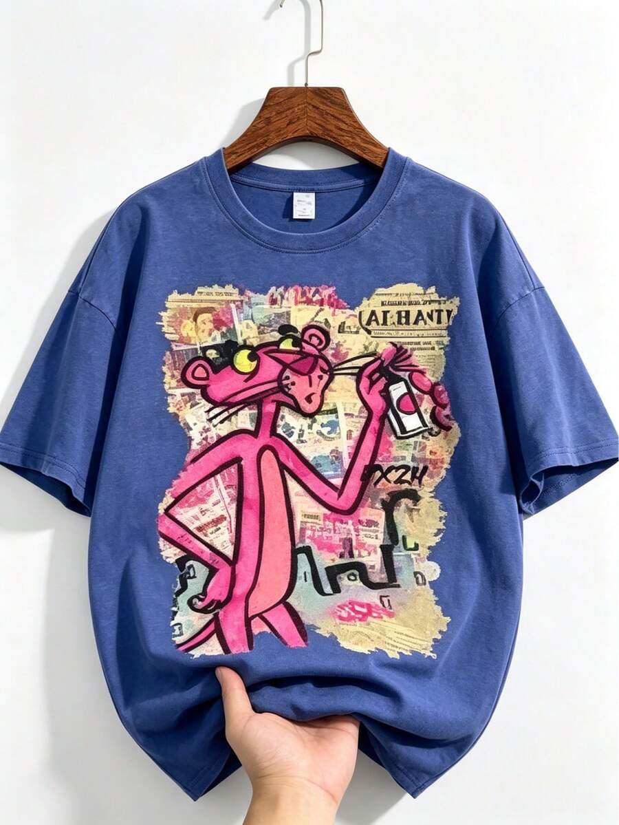 Washed T-Shirt Men | Bold Pop Art Icon (Sunglasses + Spray Can) | Retro Comic Newspaper Print | Pxr24 Logo Edgy Streetwear Tee - 藍色 - 查看 1