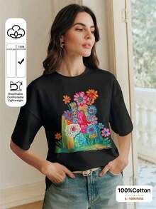 Camiseta Blanca de Cuello Redondo, Manga Corta, Casual, Adecuada para Vacaciones de Primavera a Verano, Ropa de Verano - Negro - Ver 1
