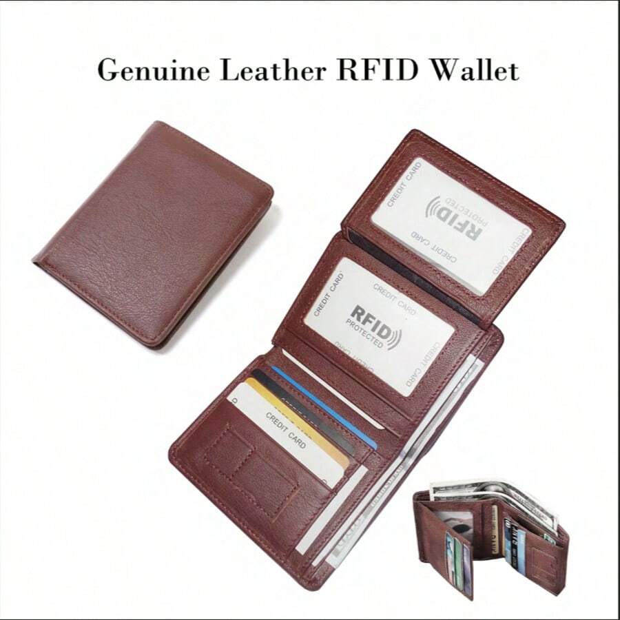 RFID Blocking Genuine Leather Trifold Wallet For Men And Women - Brown - View 1