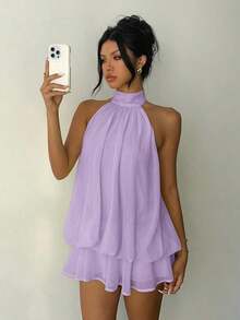 Vestido mini elegante de mujer con cuello halter y lazo en color amarillo claro - Lila Púrpura - Ver 4