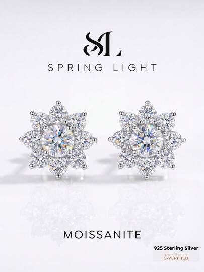 1 Pair 0.5 Carat Moissanite Flower Shaped 925 Sterling Silver Earrings, Elegant And Exquisite, Ideal For Engagement, Wedding Or Gifting To Best Friend On Birthday, Anniversary
