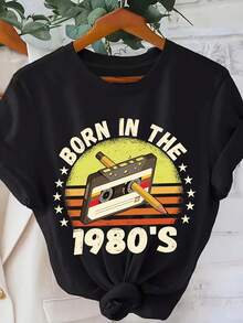Women's Tops, Mother's Day Outfit, Vintage Cassette Tape, 1980s T-Shirt, Casual Round-Neck Short-Sleeve Top, Spring/Summer Women's Clothing, Breathable Cotton Tee, Free Shipping, All-Match - 黑色 - 查看 12