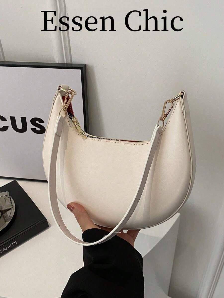 1 pieza Bolso de hombro/axila de diseño de luna creciente de poliuretano de color café oscuro, minimalista de moda para otoño/invierno