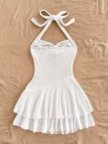 AVestido mini sexy con espalda descubierta, corbata en el cuello, dobladillo fruncido y doble capa, adecuado para fiestas, citas, San Valentín - Blanco - Ver 2