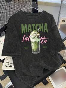 Talla Grande - Talla Grande - Camiseta de Manga Corta Vintage-Washed con Estampado Matcha Latte - Negro - Ver 1