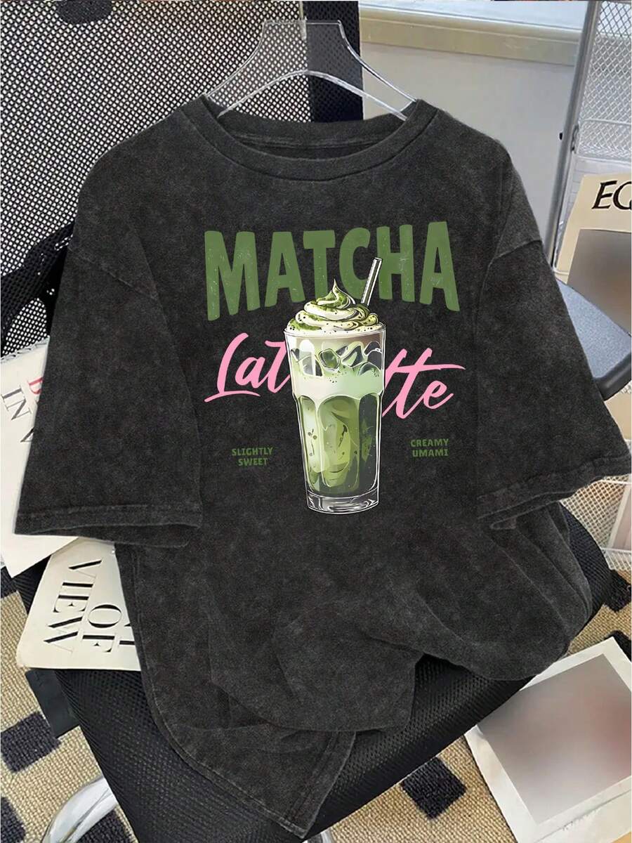 Talla Grande - Talla Grande - Camiseta de Manga Corta Vintage-Washed con Estampado Matcha Latte - Negro - Ver 1
