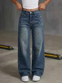 Teen Girls Pocketed Straight Loose Casual Versatile Jeans - Medium Wash - View 2