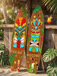 2pcs - Caveman Floor Decals, Hawaiian Totem Pole, Hawaiian Totem Statue Welcome Sign With Stand, Skateboard-Shaped Floor Plug-In Polynesian Surfboard Style - Upright Welcome Sign With Hawaiian Dancer And Palm Tree Pattern, Suitable For Beach Party Decor, Hawaiian Decor, Theme Party, Party Decoration, Home Decor, Photo Props - B - View 5