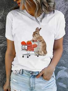Camiseta de manga corta estampada de algodón ligero y transpirable, edición limitada para mujer, moderna y casual, lavable aáquina, ajuste cómodo, algodón ligero. - Blanco_01 - Ver 9