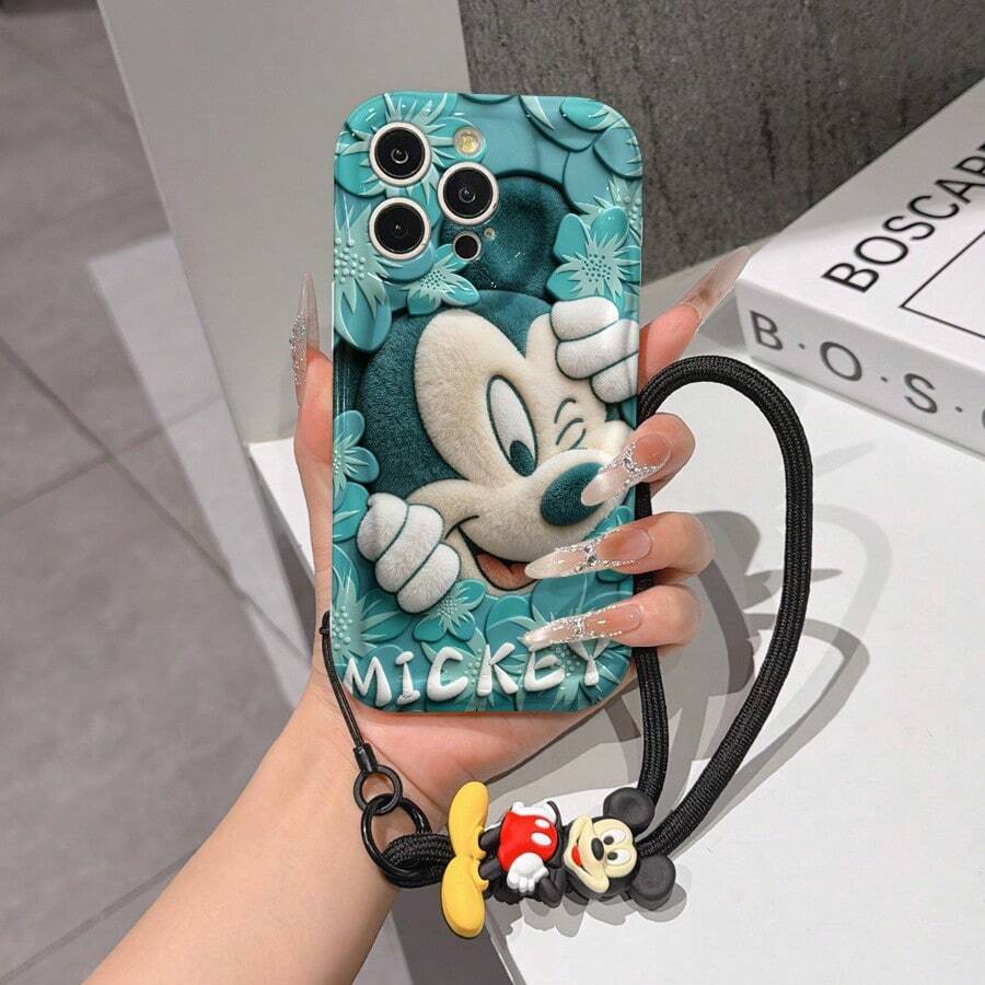 Disney Mickey Mouse Clubhouse Phone Case : 3D Fluffy Pattern Border Protector Phone Soft Phone Case With A Free Cute Mickey Bracelet Chain Lanyard, Mickey, Minnie, Goofy, Donald Duck, Daisy Duck, Pluto, For Apple 17 Promax 17 Pro 16 15 14 13 12 11 Pro Max XS Max X XR Soft Cover Summer Phone Case - trắng - Xem 1