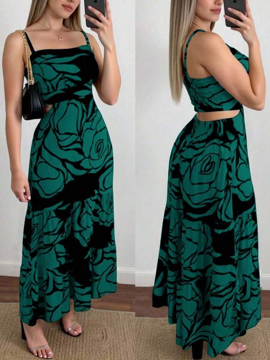 Selamara Vestido de tirantes finos con estampado floral y espalda descubierta, estilo vacacional - Verde - Ver 1
