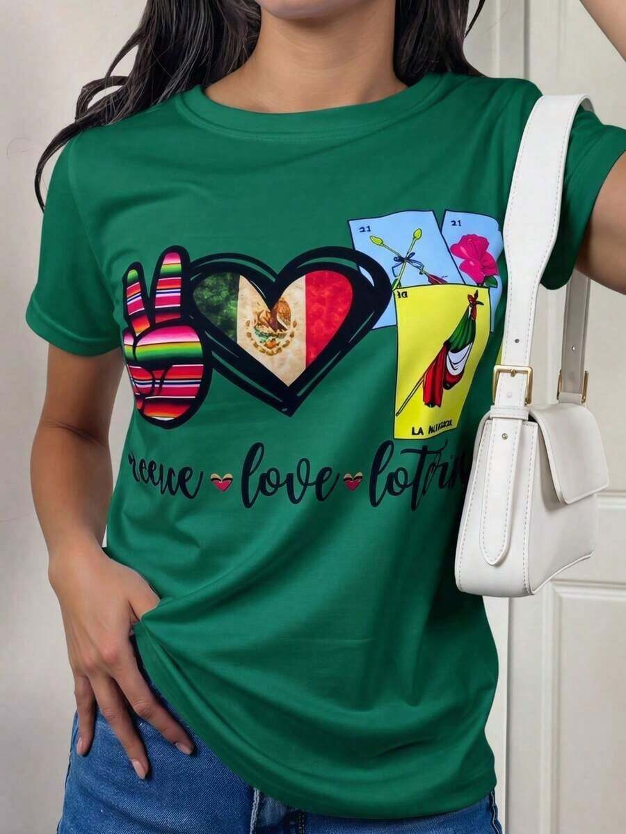 Women's Graphic T-Shirt, Short Sleeve, Round Neck, Casual, Comfortable, Cool, Lightweight, Modern, Youthful, Regular Fit, Mexican Lottery Print, Viva Mexico, Heart, Cards, Pink, Flower - 綠旗 - 查看 1