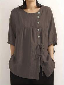 Plus Size Women's Solid Color Round Neck Casual Versatile Daily Wear Shirt Summer - Coffee Brown - View 1