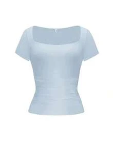 Blusa ajustada y sexy de punto para mujer , camiseta casual de cuello cuadrado de unicolor, primavera/verano - azul claro - Ver 3