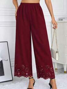 Women's High Waist Elastic Waist Floral Pattern Laser Cut Detail Imported Crepe Trousers - Burgundy - View 1