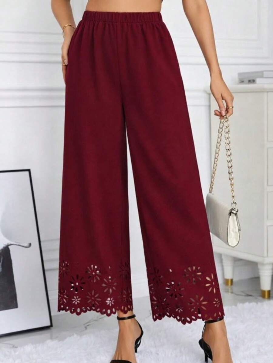 Women's High Waist Elastic Waist Floral Pattern Laser Cut Detail Imported Crepe Trousers - Burgundy - View 1