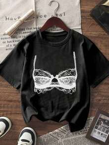 Nueva camiseta de verano minimalista Y2K con llamativa parte superior de tubo estampada, de cuello redondo, manga corta blanca, casual y versátil para mujer de vacaciones - Negro - Ver 2