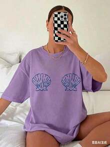 Camisetas Gráficas para Mujer con Estampado de Conchas Tropicales - Camiseta Casual de Alta Elasticidad con Cuello Redondo y Manga Corta, Lavable a Máquina, Blanca y Azul, Ropa de Playa de Verano, Ajuste Cómodo para Todas las Temporadas, Tela Transpirable, Diseño Simple, Camisetas para Mujer, Ropa de Vacaciones para Mujer, 100% Algodón, Camiseta Casual de Algodón para Mujer, Suave y Transpirable para Uso Diario. - Morado - Ver 9