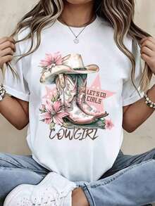 Camiseta de cuello redondo para mujer con estampado de botas de vaquera y sombrero con flores y la frase "Let's Go Girls", manga corta, estilo casual occidental, ideal para uso diario y salidas, camiseta fresca de verano, estilo unisex. - Blanco - Ver 7