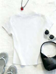 Camiseta de manga corta para mujer con estampado de eslogan, cuello redondo, estilo casual y versátil, para el tiempo libre. - Blanco - Ver 2
