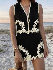 Bộ đồ mùa hè phong cách Bohemian dành cho nữ của Look Polly, gồm áo tank top không tay thêu và chân váy màu đen. - màu đen - Xem 4