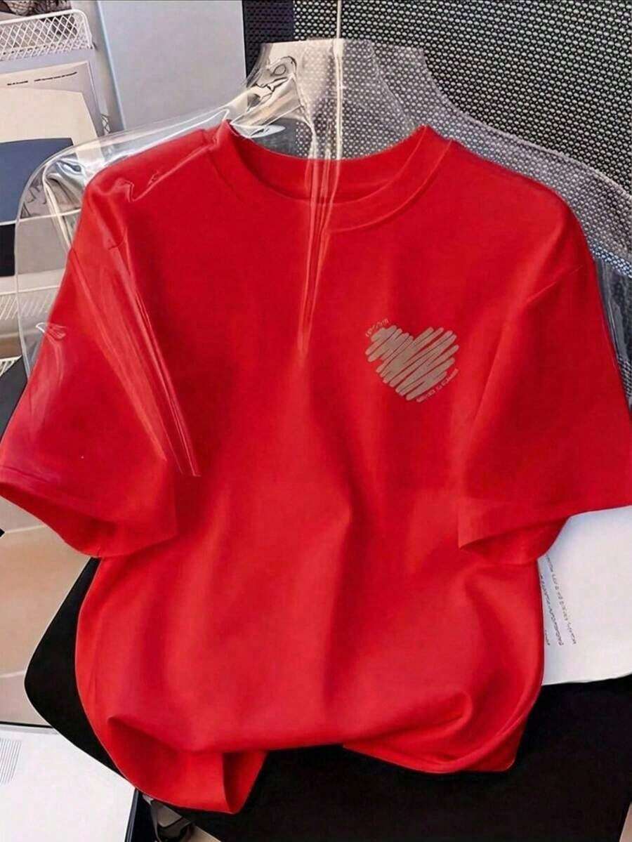 Solt 1pscMujer Casual Camiseta con Estampado de Corazón Trazado Diseño Artístico Tejido Suave Color Sólido Corte Holgado Cuello Redondo Manga Corta Primavera Verano Diario Playera100%cotton graphic - Rojo - Ver 1
