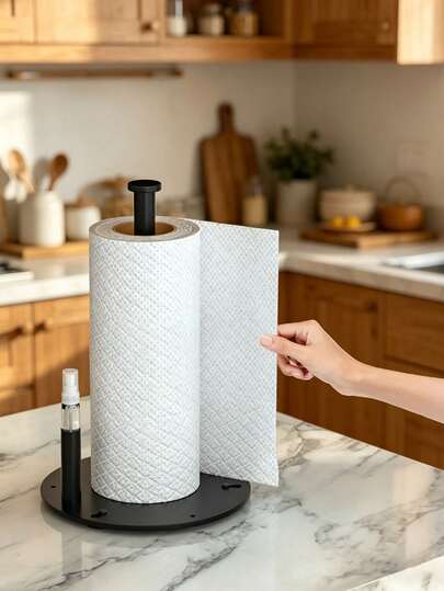 Giá đỡ khăn giấy nhà bếp dạng đứng tích hợp ngăn đựng bình xịt - Giá để bàn có đế hút chống trượt. Sản phẩm phù hợp với các cuộn khăn giấy cỡ tiêu chuẩn và cỡ lớn, màng bọc thực phẩm và các vật dụng tương tự, lý tưởng để sử dụng trên mặt bàn bếp hoặc phòng tắm.