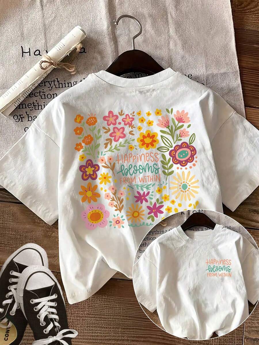This Casual Women's Tee Features A Reversible Spring/Summer Print Design, A Round Neck And Short Sleeves, With A Fresh Floral Pattern And The Slogan "HAPPINESS Blooms FROMsommer". - White - View 1