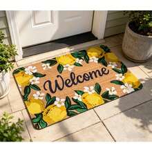 1pc "Welcome" Lemon Floral Print Flannel Doormat, Non-Slip Absorbent Entrance Mat, Bright Summer Style Floor Rug, Washable Indoor/Outdoor Home Decor, Fresh Fruit Themed Carpet.Carpet,Rug,Carpet Living Room,Kitchen Mat - 1PC - View 2