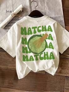 Camiseta Casual de Verano para Mujer, Estampada, Estilo de Dibujos Animados con Estampado de Batidor de Matcha, Cuello Redondo, Manga Corta, de Algodón Puro - Blanco - Ver 5