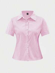 Blusa elegante de oficina de corte ajustado con rayas amarillas y blancas de manga corta, para uso universitario, camisa a rayas azules, camisas de verano para mujer - Rosa - Ver 8