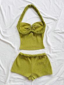 Conjunto Casual de 2 Piezas para Mujer: Top Halter a Rayas y Shorts para Vacaciones - Verde - Ver 6