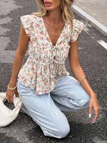 Blusa de verano casual de mujer con estampado floral retro, lazo delantero y volante en el bajo - Naranja - Ver 3