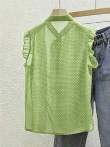 Blusa de mujer de gasa negra con lunares, elegante y romántica con volantes en el bajo - Verde Oliva - Ver 2