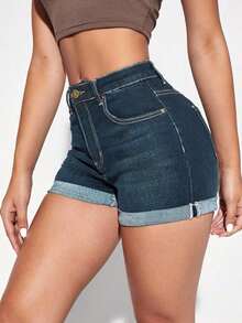Shorts vaqueros casuales con bolsillos y puños para mujer - Azul lavado oscuro 5 - Ver 5