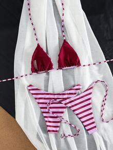 女款性感時尚簡約優雅青春 3 件組休閒浪漫海灘旅行派對可翻面條紋印花掛脖繫帶泳衣套裝，春/夏新品度假款 - 紅酒條紋 - 查看 4