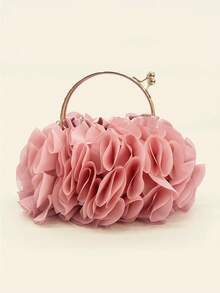 Elegant Layer Ruffle Satin Handbag, Chain Strap Clutch For Night Out & Dinner - Coral Pink - View 8